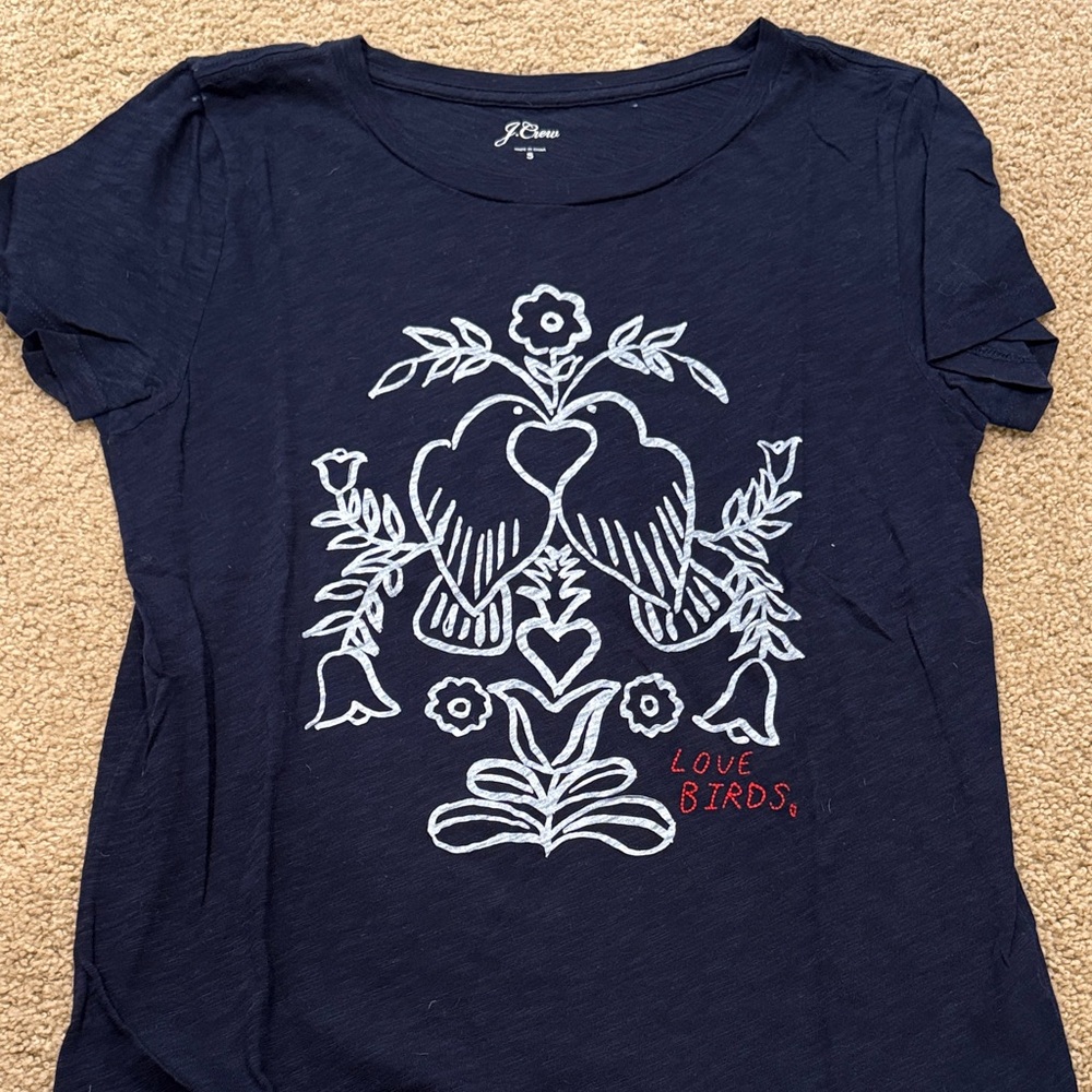 J. Crew Navy Tee with White Floral and Bird Design